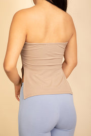 Nude Asymmetrical Split-Hem Tube Top | Stretchy Slim-Fit Bandeau | Trendy Minimalist Crop Top
