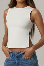 White Sleeveless Fitted Tank Top | Classic Round-Neck Stretchy Top | Versatile Solid Crop Tank